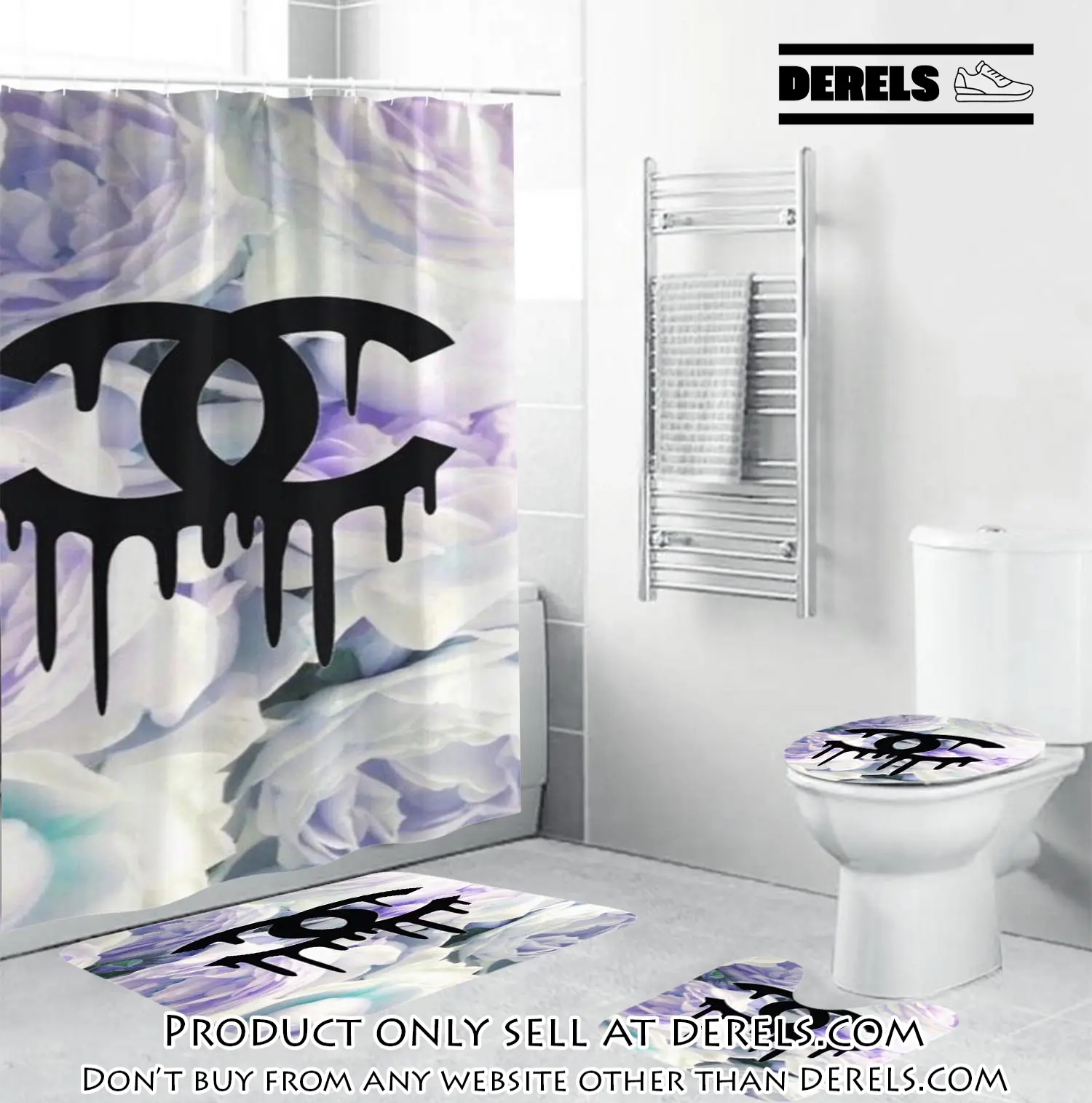 Coco chanel black dripping logo in floral background bathroom set shower curtain dr1127936